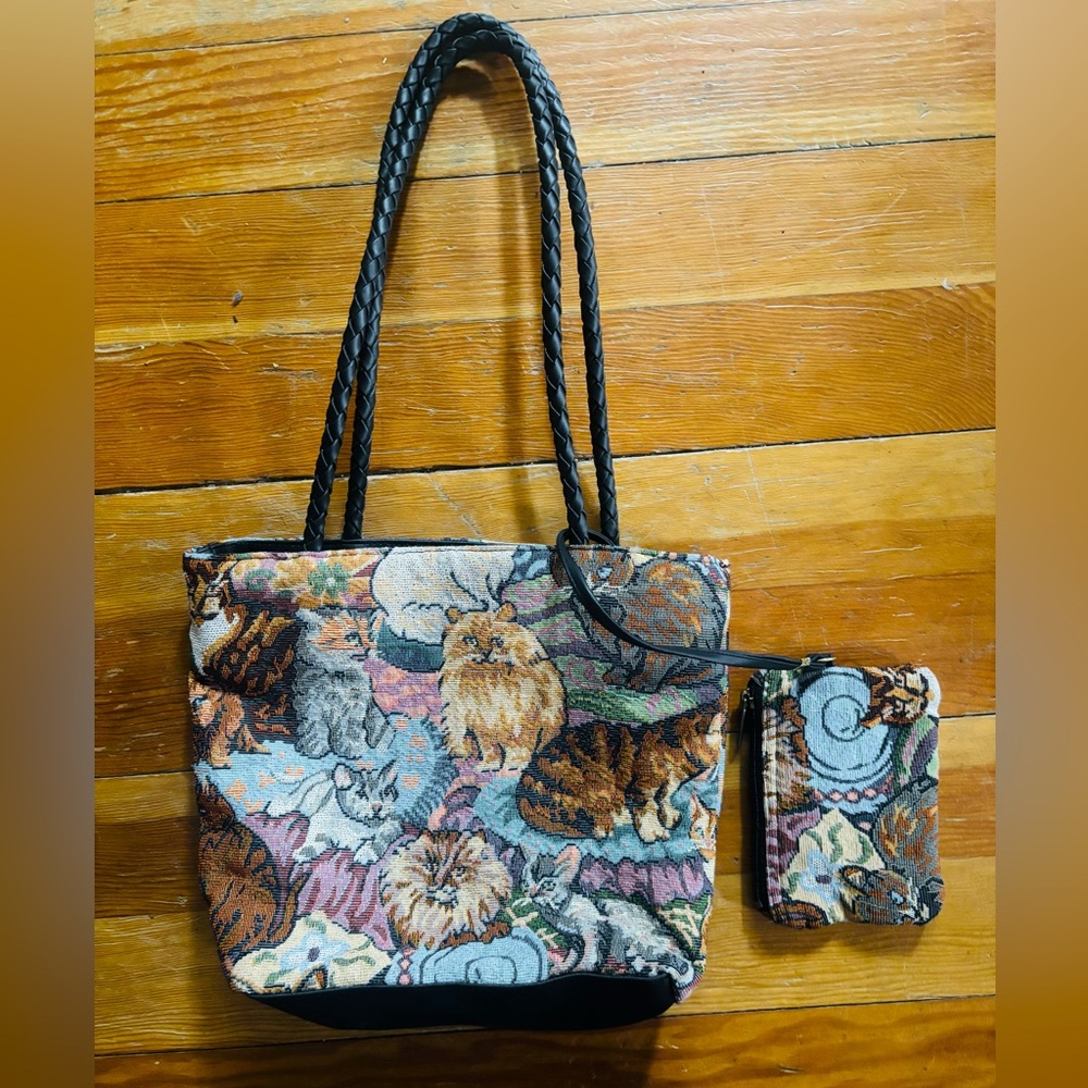 Vintage Blair Tapestry Cats and Kittens Purse Braided Handle Bag/Coin Purse